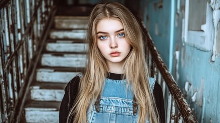 Fototapeta premium Teen girl, blue eyes, denim overalls, old stairs, urban background, portrait