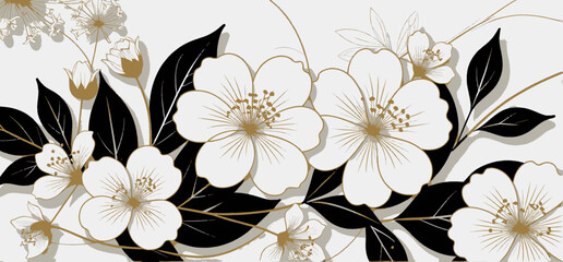 Elegant White and Gold Floral Arrangement_Black Leaves and Intricate Details_Modern Botanical Illustration_Perfect for Wall Art or Design Projects