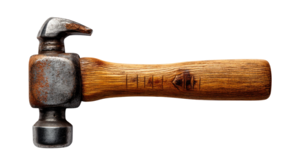 Vintage Hammer: The image shows a close-up of a classic carpenter's hammer. A durable tool made for hammering, shaping, and building, with a wooden handle and iron head.