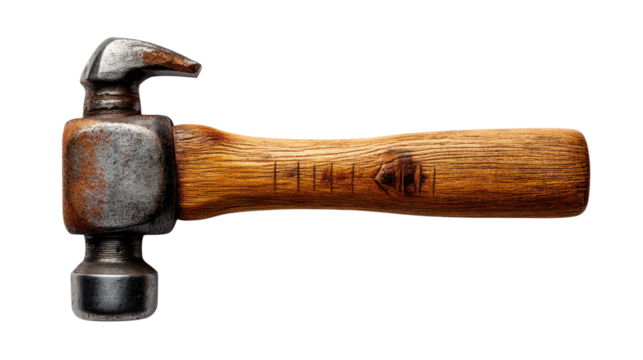 Vintage Hammer: The image shows a close-up of a classic carpenter's hammer. A durable tool made for hammering, shaping, and building, with a wooden handle and iron head.