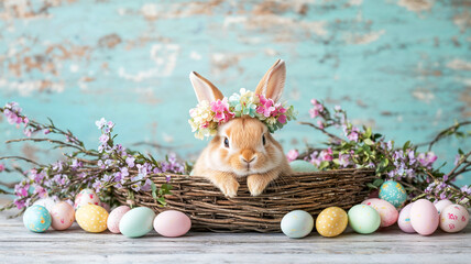 Adorable bunny wearing a floral crown sitting in a wicker basket surrounded by colorful Easter eggs and spring blossoms on a rustic wooden surface.