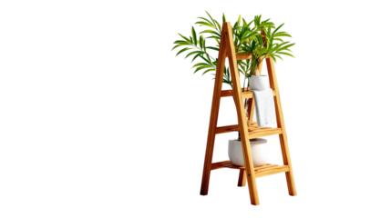 Plant display on a Wooden ladder shelf: Showcase of an elegant wooden ladder shelf featuring a variety of decorative plants and minimalist vases, ideal for a modern interior design scheme. 