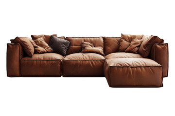 Obraz premium Luxurious brown leather sectional sofa perfect for relaxation and modern living rooms Plush cushions modular design isolated on a on transparent background