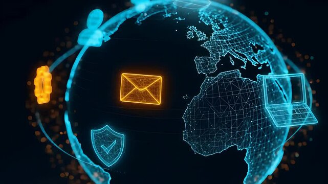 Global network with digital icons of laptop, envelope, shield, and satellite representing secure communication

