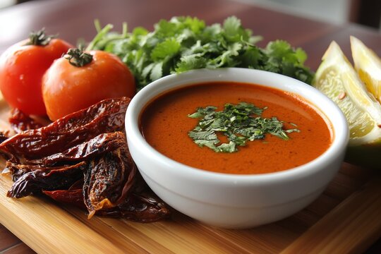 Chirmol, Guatemalan chile sauce stew served in bowl on wooden cutting board with vibrant cilantro. Concept of Chirmol as flavorful centerpiece on rustic table setting.