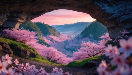 Cherry Blossoms Blooming in Valley Viewed from Cave Entrance at Sunset