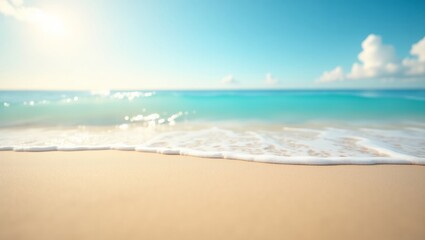 Fototapeta premium Serene Beach Scene: Golden Sand, Turquoise Waves, and Sunny Sky