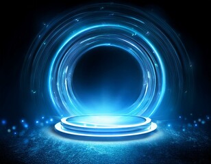 Portal light effect on a dark background. Light bright blue swirl. Bright light round telepo