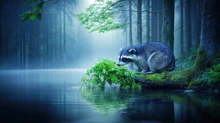 Raccoon eating by misty lake in forest at night; nature wildlife scene