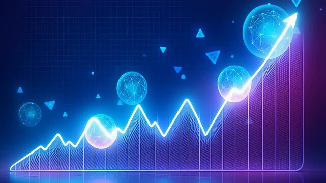 Glowing financial graph with upward trend and spherical data points representing growth and success

