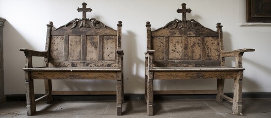 Antique wooden church pews; interior; calm background