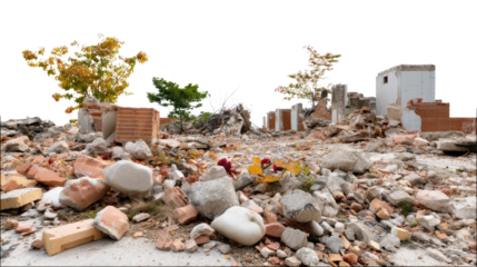 Demolished Building:  A scene of destruction, rubble, and remnants of a demolished building, showing broken bricks, stones, and trees struggling amidst the debris.
