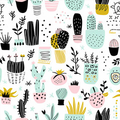 Seamless Playful Cactus and Plant Pattern in Pastel Colors