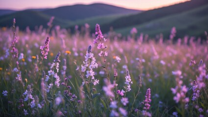 Obraz premium Wildflower Meadow at Dusk with Mountains in the Background