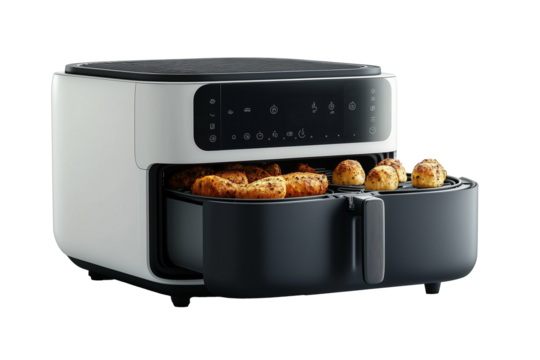 Hyper-realistic air fryer or convection oven, modern digital interface, matte black or white, isolated on white background

