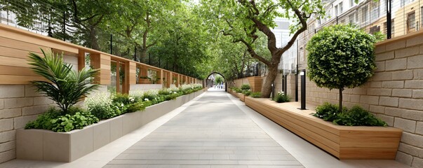 Fototapeta premium Wide urban walkway shared by pedestrians and e-scooters, bordered by pollinator-friendly gardens and solar bollards