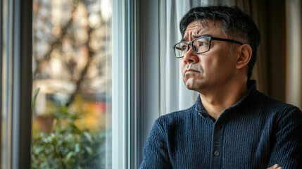 Fototapeta premium A man standing in front of a window, looking out with a frown, indicating a sense of frustration or sadness.