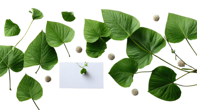 Nature's Embrace: Vibrant green leaves and delicate vines showcase nature's artistry, accented by small, natural spheres, against a minimalistic backdrop, promoting concepts of renewal.
