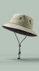 Stylish khaki bucket hat with adjustable chin strap on a soft green background studio shot fashion accessory headwear outdoor gear summer essential
