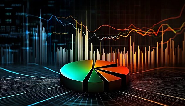 Pie Chart with Financial Data Line on Grid, Digital Analysis Data, Investment Trends