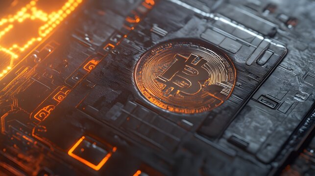Bitcoin in the Digital Realm: A gleaming Bitcoin sits amidst the intricate circuits of a futuristic motherboard, symbolizing the fusion of cryptocurrency and advanced technology. 