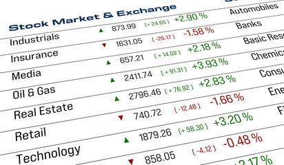 Sector index information, finacial markets. Ticker tape, screen wir stock market and exchange market data. 3D illustration