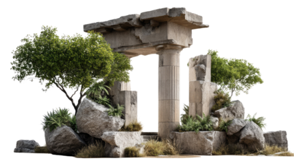Ancient Ruins: A weathered stone pillar, once part of a grand structure, stands amidst a tangle of overgrown vegetation, evoking a sense of time and forgotten grandeur.