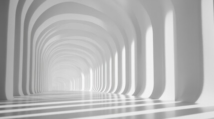 Serene white corridor with rhythmic arches and captivating light play creating a sense of depth and architectural elegance for modern design