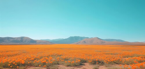 Golden poppy expanse,california field,sun kissed landscape,flower meadow,mountain horizon,
