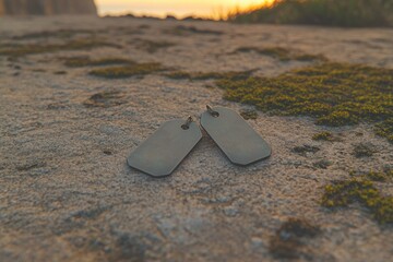 Two dog tags resting on textured rock, illuminated by warm sunse