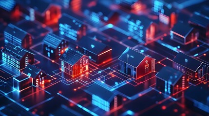 Smart City Network: A futuristic, abstract illustration depicting a network of interconnected houses, each with glowing windows, representing the interconnected nature of smart cities.