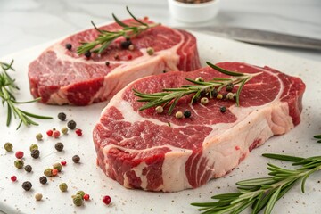 Fototapeta premium Frozen beef steak on a white background, frozen, beef, steak, raw, red meat, food, fresh, meat, grocery