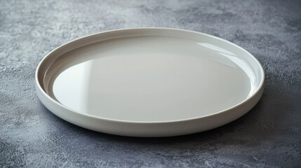 A large, clean plate placed on a dining table with no food on it, giving an impression of hunger or anticipation.