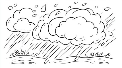 Fototapeta premium Black and White Vector Illustration, Single Outline Cartoon Cloud with Raindrops, Coloring Page
