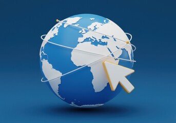 Globe with white continents and blue oceans with a white arrow and lines on a blue background