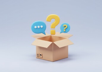 Open cardboard box with question marks and speech bubbles on a light blue background rendering style