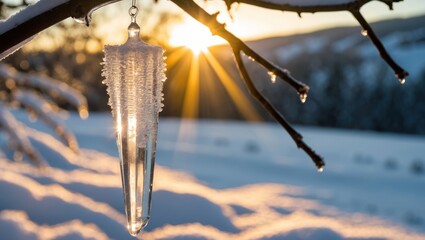 Icicle Hanging from Branch in Winter Sunset with Snow