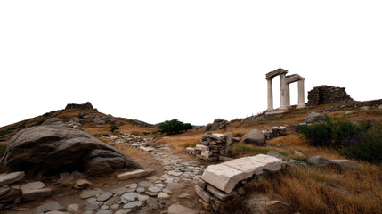 Fototapeta premium Ancient Ruins on a Hillside: A weathered stone path meanders towards the remnants of an ancient structure, evoking a sense of history and the passage of time.