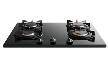 Hyper-realistic gas stove with metal burners and black grill, silver body, isolated on white background

