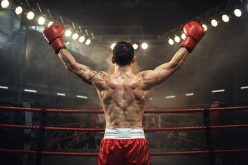 A man wearing red boxing gloves and showing his back in a boxing ring.