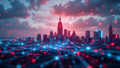 Fototapeta premium Cityscape at Twilight with Data Connections Overlay and Glowing Particles