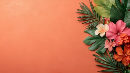 Obraz premium Vibrant Tropical Flowers and Lush Green Leaves on Terracotta Background