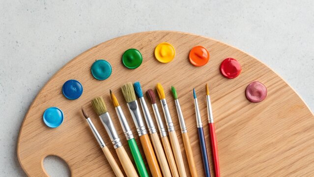 Wooden artist's palette with dabs of colorful paint and a set of paintbrushes arranged on a light surface. Represents art supplies and painting