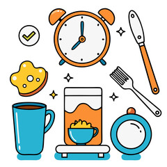 A cheerful morning routine depicted with a bright alarm clock, a steaming mug, a bowl of cereal, and a knife and fork, all in a playful, bold line art style.