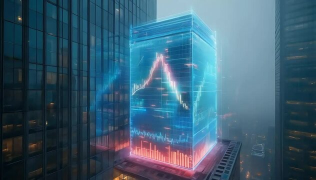 Holographic financial data cube glows on a skyscraper rooftop in a futuristic city