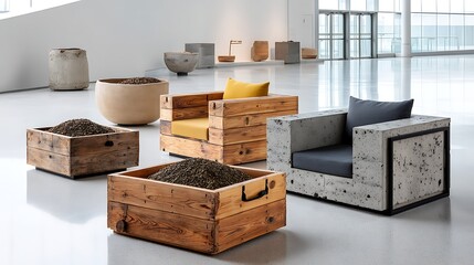 Modern Concrete Wood Chairs with Grain Bins in Minimalist Lobby