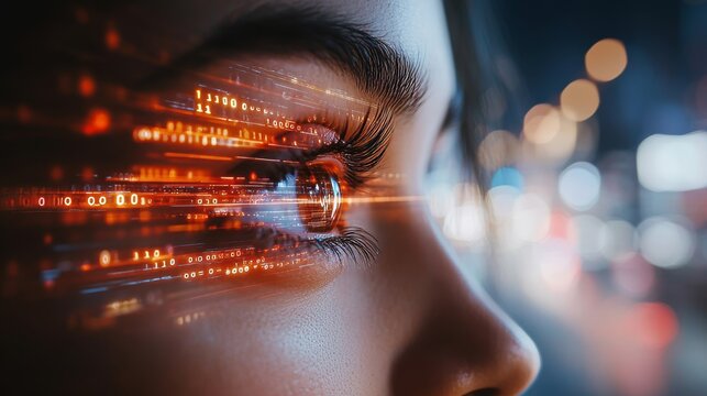 Digital Vision Close-up of Teenage Girl Merging with Binary Code in Futuristic Technology Concept