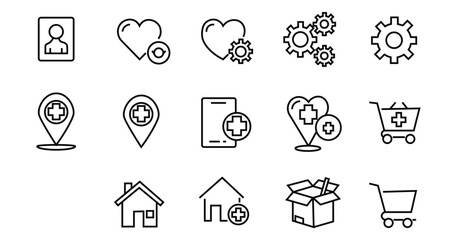 Medical and System UI Vector Icons Set - Line Style Healthcare, Location, Cart, Gear, and Home Icons

