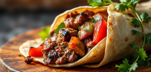 Grilled steak and peppers in a tightly rolled tortilla, close-up,  restaurant, cooking