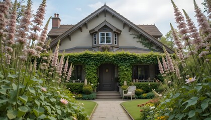 Obraz premium Charming Craftsman House: Lush Garden, Serene Atmosphere